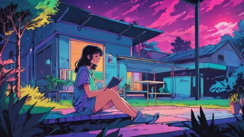 neon ghosts,summer evening,night scene,suburbs,neon lights,nighttime,night glow,neon light,neon,lonely house,fireflies,atmosphere,neon colors,dream world,would a background,stargazing,evening atmosphere,aesthetic,neighborhood,nightscape,Illustration,Japanese style,Japanese Style 06