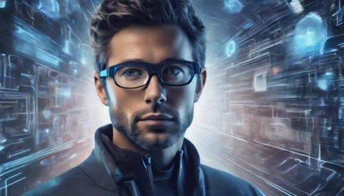 cyber glasses,man with a computer,neon human resources,sci fiction illustration,digital identity,cybernetics,intelligent,3d man,virtual identity,cyber,spy-glass,blockchain management,theoretician physician,blur office background,matrix,engineer,night administrator,computer business,scientist,artificial intelligence