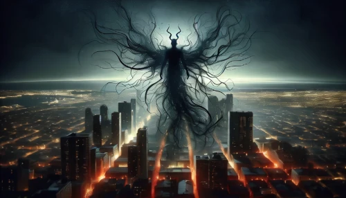 black city,city in flames,sci fiction illustration,district 9,electric tower,dystopian,doomsday,apocalyptic,regeneration,dark world,supernatural creature,spire,destroyed city,environmental destruction,rooted,electrical grid,tree of life,the pollution,nine-tailed,dark art