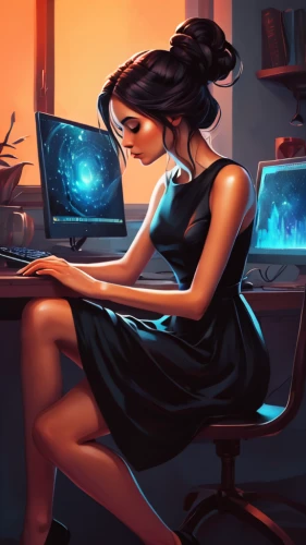 girl at the computer,sci fiction illustration,world digital painting,computer addiction,night administrator,game illustration,internet addiction,girl studying,digital painting,women in technology,computer art,illustrator,freelancer,computer freak,digital art,woman sitting,computer graphics,coder,cyberspace,girl sitting,Conceptual Art,Fantasy,Fantasy 21