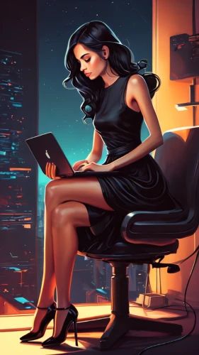 girl at the computer,night administrator,sci fiction illustration,secretary,business woman,game illustration,businesswoman,women in technology,world digital painting,woman sitting,business girl,girl studying,business women,office worker,work from home,office chair,bussiness woman,neon human resources,computer addiction,illustrator,Conceptual Art,Fantasy,Fantasy 21