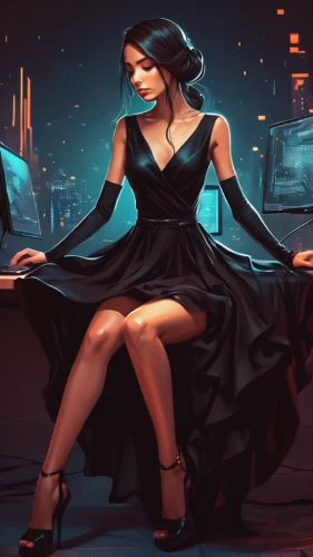 girl in a long dress,transistor,a girl in a dress,cocktail dress,art deco background,art deco woman,game illustration,fashion vector,black dress with a slit,femme fatale,sci fiction illustration,black dress,world digital painting,portrait background,cg artwork,lady of the night,vesper,gothic dress,cinderella,digital painting,Conceptual Art,Fantasy,Fantasy 21