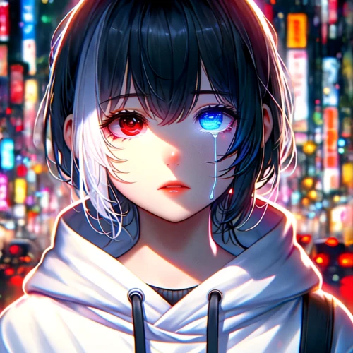 rei ayanami,persona,piko,red eyes,nico,neon light,heterochromia,anime girl,neon lights,anime 3d,colorful background,shibuya,luminous,cyber,red blue wallpaper,hatsune miku,cyan,vivid,would a background,lenses