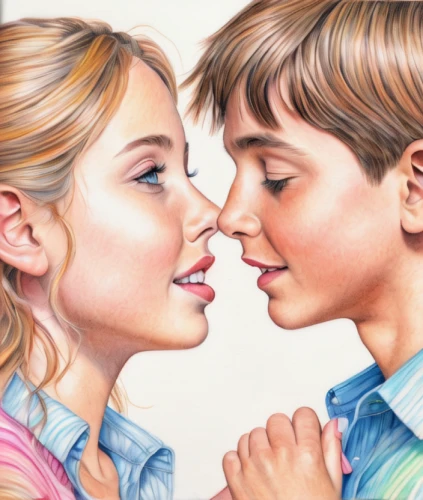 cheek kissing,color pencils,young couple,boy and girl,coloured pencils,colored pencil,color pencil,vintage boy and girl,little boy and girl,colour pencils,colored pencils,boy kisses girl,kissing,colored pencil background,kids illustration,first kiss,crayon colored pencil,girl kiss,watercolor pencils,girl and boy outdoor,Conceptual Art,Daily,Daily 17