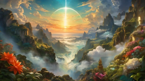 fantasy landscape,fantasy picture,chasm,mountain world,mountain landscape,mountain sunrise,landscape background,fantasy art,mountainous landscape,high landscape,world digital painting,mountain scene,meteora,the landscape of the mountains,heaven gate,fairy world,3d fantasy,the pillar of light,valley of the moon,garden of eden,Conceptual Art,Fantasy,Fantasy 05