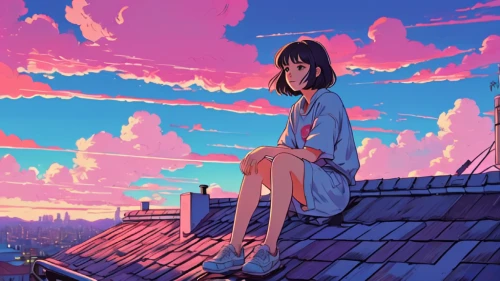 rooftops,rooftop,roof landscape,on the roof,sky,roof,dusk,roofs,clouds - sky,summer sky,芦ﾉ湖,2d,above the city,pink dawn,roof top,shirakami-sanchi,citrus,would a background,summer evening,薄雲,Illustration,Japanese style,Japanese Style 06