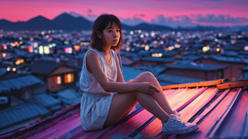 rooftops,girl sitting,on the roof,japan's three great night views,rooftop,girl in a long,city lights,above the city,roofs,roof landscape,citylights,kyoto,japan,pink dawn,dusk background,asia,tokyo,japanese sakura background,roof top,japanese woman,Photography,General,Commercial