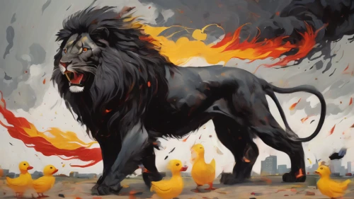 lion,forest king lion,skeezy lion,panthera leo,masai lion,lion - feline,lion number,king of the jungle,lion father,two lion,african lion,lions,male lion,female lion,fire horse,lion head,lion's coach,fire background,stone lion,zodiac sign leo,Conceptual Art,Oil color,Oil Color 08