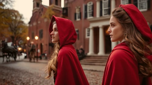 red coat,red riding hood,little red riding hood,carolers,red cape,santons,elves,scarlet witch,red banner,banner,orange robes,witches' hats,costumes,celebration of witches,witches,halloween costumes,girl in a historic way,two girls,vampires,red double,Photography,General,Cinematic