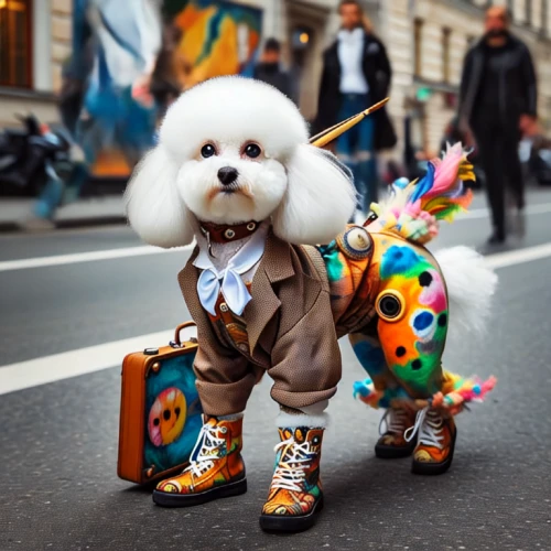 bichon frisé,animals play dress-up,toy dog,miniature poodle,circus animal,bichon,west highland white terrier,havanese,fashionista,coton de tulear,toy poodle,color dogs,whimsical animals,fashionable,tibet terrier,cavapoo,shih tzu,cavachon,dog street,old english sheepdog