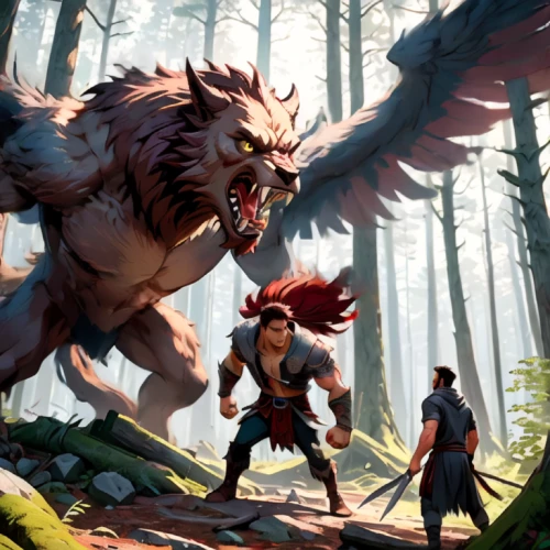 game illustration,gryphon,forest workers,devilwood,red riding hood,forest king lion,game art,hunting scene,ninebark,werewolves,massively multiplayer online role-playing game,forest dragon,firethorn,howl,concept art,ark,little red riding hood,nine-tailed,forest animals,griffin