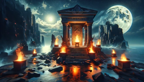 hall of the fallen,shrine,the mystical path,wishing well,portal,the throne,mortuary temple,artemis temple,portals,sepulchre,place of pilgrimage,the pillar of light,lantern,ancient city,phase of the moon,the eternal flame,pillar of fire,mysticism,fantasy picture,temple fade