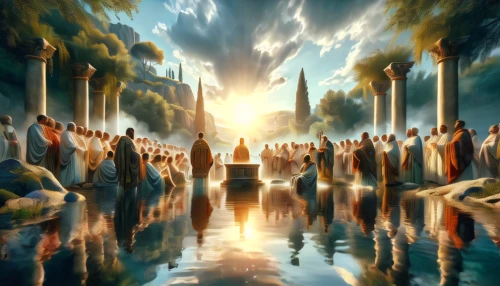 school of athens,the ancient world,twelve apostle,fantasy picture,theravada buddhism,pentecost,hall of the fallen,ancient city,the pillar of light,artemis temple,greek mythology,druids,world digital painting,apollo and the muses,baptism of christ,ancient parade,pilgrimage,atlantis,place of pilgrimage,fantasy landscape