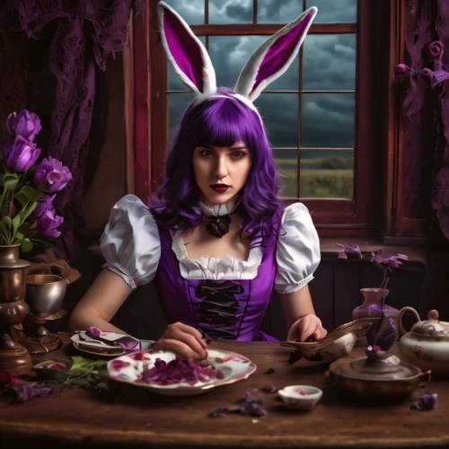 alice in wonderland,la violetta,soprano lilac spoon,tea party collection,alice,doll kitchen,violet head elf,cosplay image,poker primrose,violet,fairy tale character,hatter,easter theme,tea party,confectioner,white rabbit,victorian lady,mystic light food photography,wonderland,girl in the kitchen,Photography,General,Natural