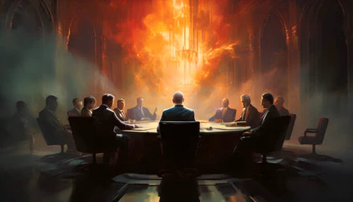 pentecost,holy supper,the conflagration,boardroom,pillar of fire,contemporary witnesses,the conference,a meeting,council,conference room table,priesthood,round table,ring of fire,twelve apostle,purgatory,door to hell,conference table,buddhist hell,benediction of god the father,dante's inferno