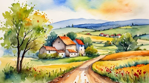 watercolor background,home landscape,watercolor,watercolor painting,watercolor paint,farm landscape,autumn landscape,watercolour,rural landscape,watercolor shops,cottages,fall landscape,watercolor wine,country cottage,watercolor sketch,watercolors,houses clipart,countryside,autumn idyll,farm background,Illustration,Paper based,Paper Based 24