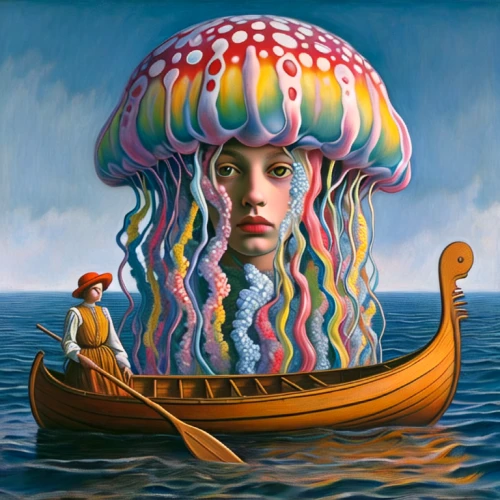 surrealism,mushroom hat,sea fantasy,mushroom island,the sea maid,psychedelic art,surrealistic,buoy,girl with a dolphin,girl on the boat,adrift,afloat,dali,brauseufo,the hat of the woman,the people in the sea,girl with a wheel,cnidaria,medusa,diving bell