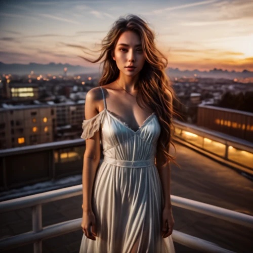 girl in a long dress,girl in white dress,long dress,a girl in a dress,on the roof,torn dress,girl in a long dress from the back,nightgown,evening dress,strapless dress,portrait photography,young woman,romantic portrait,white winter dress,white dress,cocktail dress,dress,beautiful young woman,jumpsuit,rooftop