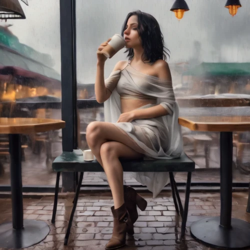 woman at cafe,woman drinking coffee,rainy day,in the rain,world digital painting,smoking girl,rainy,digital painting,cigarette girl,girl smoke cigarette,parisian coffee,watercolor cafe,romantic portrait,woman with ice-cream,girl with bread-and-butter,paris cafe,woman sitting,girl sitting,rainy weather,photo painting