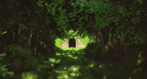 witch's house,fairy house,house in the forest,witch house,undergrowth,green forest,overgrown,haunted forest,fairy door,fairy forest,lostplace,lost place,fireflies,forest chapel,creepy doorway,elven forest,hideaway,tunnel of plants,forest path,the forest