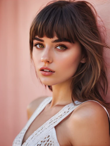 portrait background,romantic look,natural cosmetic,beautiful young woman,bangs,beautiful face,pretty young woman,paloma,model beauty,floral background,pink background,girl portrait,pink beauty,daisy rose,cotton top,fringed pink,women's cosmetics,model,young woman,semi-profile