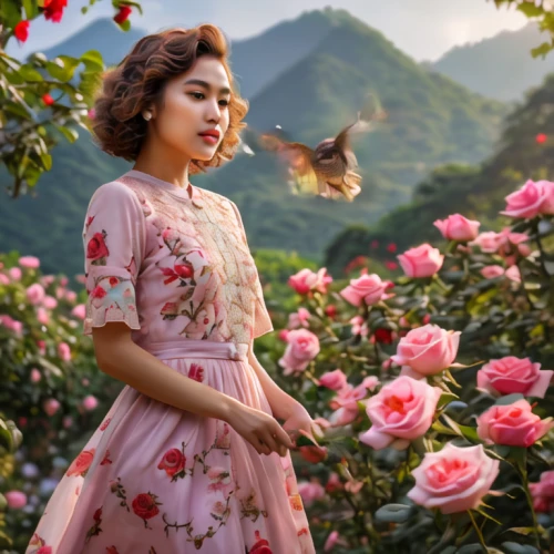 vintage asian,rosa 'the fairy,vintage floral,girl in flowers,flower fairy,culture rose,scent of roses,way of the roses,landscape rose,vietnamese woman,beautiful girl with flowers,japan rose,vintage dress,vintage woman,rosa ' the fairy,vintage flowers,wild roses,blooming roses,butterfly isolated,enchanting,Photography,General,Natural