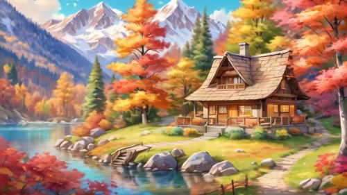 autumn background,autumn landscape,fall landscape,autumn idyll,autumn theme,autumn scenery,home landscape,autumn camper,landscape background,autumn mountains,cottage,house in mountains,autumn decoration,fantasy landscape,house in the forest,autumn decor,summer cottage,house with lake,autumn forest,autumn day,Illustration,Japanese style,Japanese Style 01