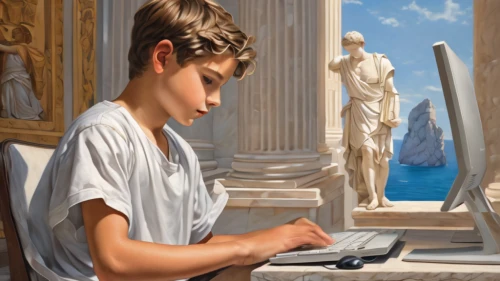 man with a computer,world digital painting,girl at the computer,italian painter,illustrator,child with a book,computer addiction,meticulous painting,classical antiquity,digitizing ebook,painting technique,celsus library,publish e-book online,photo painting,internet addiction,apollo,children studying,art painting,digital painting,neoclassical,Art,Classical Oil Painting,Classical Oil Painting 02