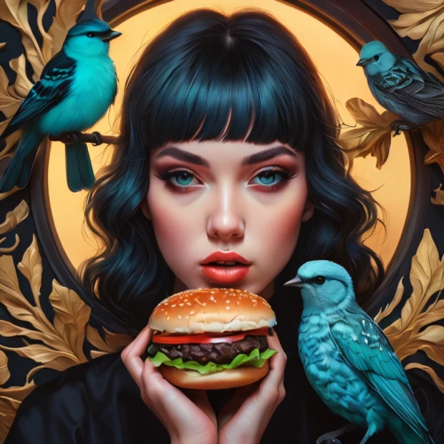 appetite,hamburger,veggie burger,burger,fantasy portrait,hunger,chicken burger,girl with bread-and-butter,diet icon,food icons,cheeseburger,world digital painting,burguer,digital illustration,feeding birds,burgers,feeding the birds,vector illustration,classic burger,cemita