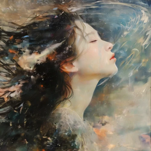 mystical portrait of a girl,girl lying on the grass,amano,han thom,oil painting on canvas,immersed,faery,gracefulness,carol m highsmith,falling flowers,fineart,cosmos wind,oil painting,the wind from the sea,little girl in wind,cloves schwindl inge,submerged,lan thom,kahila garland-lily,faerie