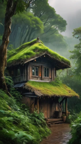 house in the forest,house in mountains,ancient house,wooden house,home landscape,lonely house,japan landscape,house in the mountains,small house,ryokan,world digital painting,japanese architecture,asian architecture,wooden houses,tropical house,wooden hut,roof landscape,little house,traditional house,grass roof,Conceptual Art,Fantasy,Fantasy 05