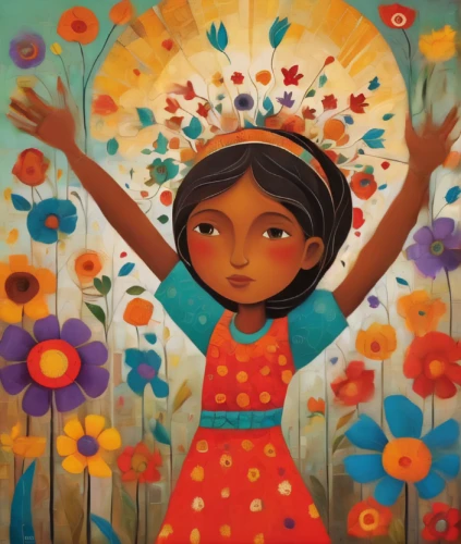 girl in flowers,girl in a wreath,flower painting,girl picking flowers,little girl in wind,girl praying,girl in the garden,falling flowers,flower girl,kids illustration,flower background,boho art,mural,pachamama,bright flowers,radha,hula,indian art,flower wall en,flower fairy,Art,Artistic Painting,Artistic Painting 29