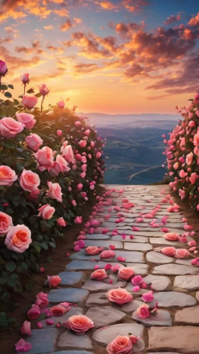 way of the roses,landscape rose,flower background,flower wall en,blooming field,flower painting,romantic rose,landscape background,pathway,flower field,blooming roses,pink dawn,pink roses,everlasting flowers,splendor of flowers,field of flowers,rose pink colors,sky rose,roses daisies,flower in sunset,Photography,General,Commercial
