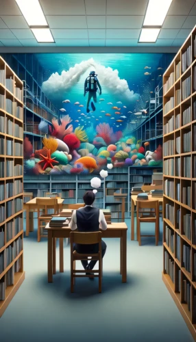 book wall,school of fish,study room,library,aquarium decor,sci fiction illustration,bookshelves,reading room,library book,book store,creative office,bookstore,children's room,university library,digitization of library,public library,aqua studio,the local administration of mastery,cartoon video game background,pallet doctor fish