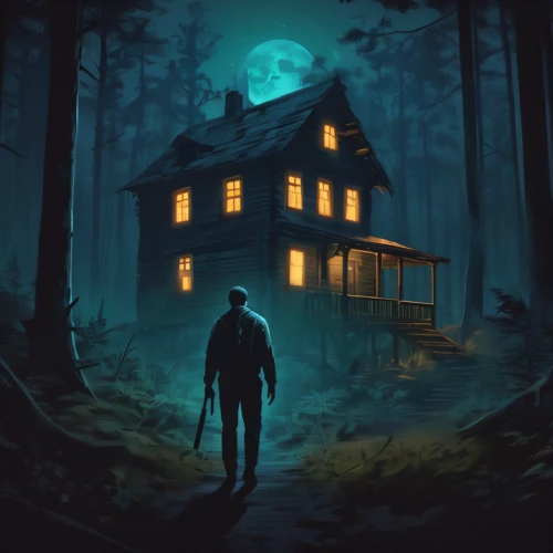 the haunted house,house in the forest,lonely house,haunted house,house silhouette,witch's house,creepy house,game illustration,witch house,halloween illustration,halloween poster,adventure game,game art,halloween background,house painting,little house,haunted forest,cabin,home or lost,the house,Conceptual Art,Fantasy,Fantasy 02