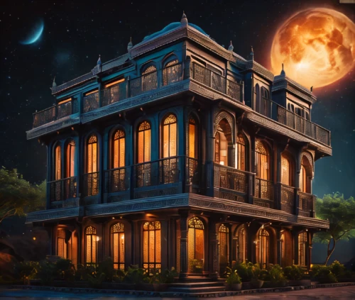 the haunted house,victorian house,brownstone,witch house,haunted house,wooden house,victorian,witch's house,house painting,ancient house,mansion,doll's house,two story house,treasure house,real-estate,old town house,apartment house,big moon,ghost castle,moonrise,Photography,General,Fantasy
