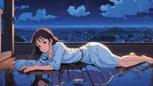 azusa nakano k-on,girl sitting,lying down,window sill,blue rain,on the roof,sitting,rainy,summer evening,girl lying on the grass,resting,stargazing,night-blooming jasmine,sitting on a chair,in the evening,girl studying,himuto,rooftop,sleeping,dusk background,Conceptual Art,Fantasy,Fantasy 07