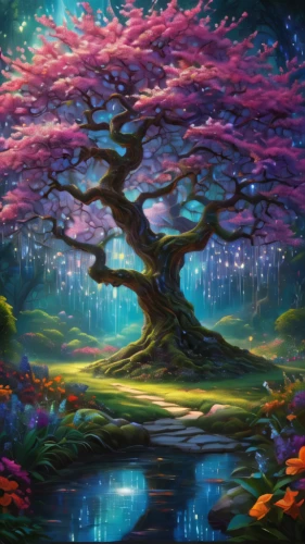 colorful tree of life,sakura tree,magic tree,flourishing tree,fairy forest,blossom tree,celtic tree,tree of life,cherry blossom tree,painted tree,japanese sakura background,elven forest,fae,fantasy landscape,fairy world,fantasy picture,tree grove,lilac tree,flower tree,enchanted forest,Photography,General,Natural