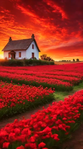 field of poppies,poppy fields,poppy field,tulip field,landscape red,flower field,red barn,tulips field,tulip fields,home landscape,splendor of flowers,beautiful landscape,landscape background,red poppies,blooming field,red roof,field of flowers,red tulips,flowers field,red sky,Photography,General,Natural