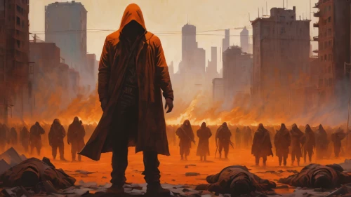 orange robes,the wanderer,city in flames,dystopian,orange,orange sky,mystery book cover,apocalypse,rust-orange,apocalyptic,sci fiction illustration,standing man,hooded man,walking man,colony,the pandemic,book cover,twelve apostle,wanderer,pedestrian,Conceptual Art,Fantasy,Fantasy 15