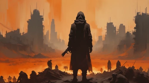 the wanderer,scorched earth,post-apocalyptic landscape,barren,wanderer,erbore,sci fiction illustration,burned land,wasteland,fire planet,dystopian,sadhus,burning earth,red planet,apocalyptic,desolation,scythe,city in flames,guards of the canyon,desolate,Conceptual Art,Fantasy,Fantasy 10