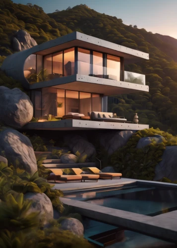 dunes house,modern architecture,modern house,3d rendering,futuristic architecture,luxury property,render,house by the water,japanese architecture,house in mountains,house in the mountains,futuristic landscape,luxury real estate,floating island,luxury home,tropical house,cubic house,3d rendered,beautiful home,mid century house,Photography,General,Sci-Fi