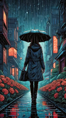 walking in the rain,man with umbrella,japanese umbrella,japanese umbrellas,umbrellas,rainy,umbrella,blue rain,in the rain,tokyo,rainy season,shinjuku,heavy rain,rainy day,asian umbrella,rain,kyoto,tokyo city,raincoat,would a background,Illustration,Realistic Fantasy,Realistic Fantasy 25