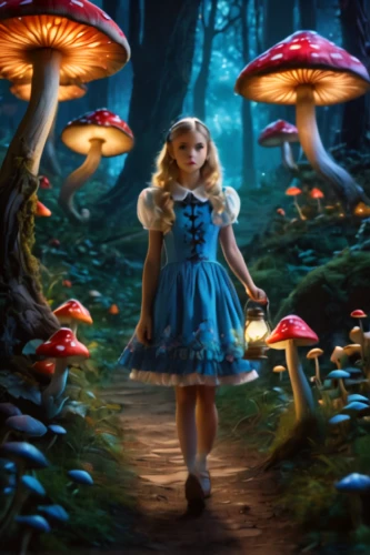 alice in wonderland,alice,mushroom landscape,wonderland,fairy forest,agaric,little girl fairy,toadstools,blue mushroom,amanita,fairy world,fae,enchanted forest,children's fairy tale,faerie,forest mushroom,fantasy picture,child fairy,fairy village,ballerina in the woods