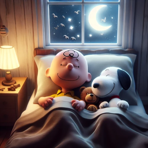 snoopy,cuddly toys,cute cartoon image,stargazing,dream world,plush toys,dreaming,good night,soft toys,peanuts,bedtime,romantic night,night image,sleep,dreams,the moon and the stars,3d render,cg artwork,toy's story,companionship