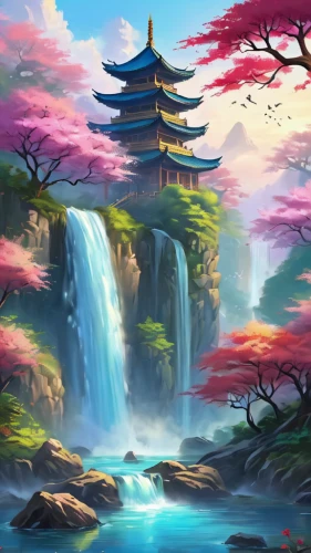 fantasy landscape,landscape background,japanese sakura background,sakura background,world digital painting,cartoon video game background,japan landscape,colorful background,japanese background,waterfall,bird kingdom,background with stones,background colorful,fantasy picture,spring background,waterfalls,mushroom landscape,japanese floral background,art background,backgrounds,Illustration,Realistic Fantasy,Realistic Fantasy 01