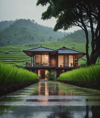 rice fields,rice paddies,ricefield,the rice field,rice field,asian architecture,japanese architecture,rice terrace,house by the water,floating huts,yamada's rice fields,beautiful home,vietnam,house with lake,miniature house,rice terraces,idyllic,tea garden,stilt house,small house,Photography,General,Cinematic