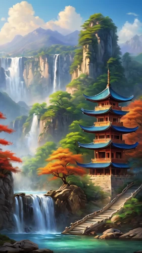 fantasy landscape,landscape background,japan landscape,yunnan,chinese background,japanese background,oriental,mountain landscape,mountainous landscape,chinese art,mountain scene,world digital painting,waterfalls,ancient city,japanese sakura background,high landscape,chinese temple,oriental painting,asian architecture,tower fall,Photography,General,Commercial