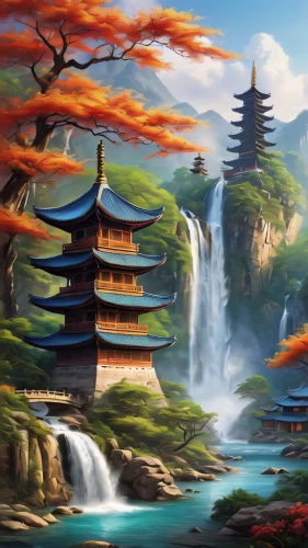 fantasy landscape,landscape background,japan landscape,world digital painting,japanese background,mountain landscape,chinese temple,forbidden palace,oriental painting,mountainous landscape,oriental,fantasy picture,yunnan,chinese art,chinese background,asian architecture,cartoon video game background,mountain scene,ancient city,high landscape,Photography,General,Commercial