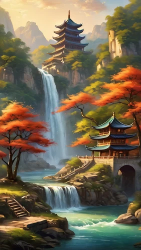 japan landscape,fantasy landscape,landscape background,japanese background,world digital painting,oriental painting,cartoon video game background,japanese sakura background,autumn landscape,mountain landscape,autumn background,river landscape,oriental,kyoto,tsukemono,japanese garden,chinese background,japanese art,mountainous landscape,fall landscape,Photography,General,Cinematic